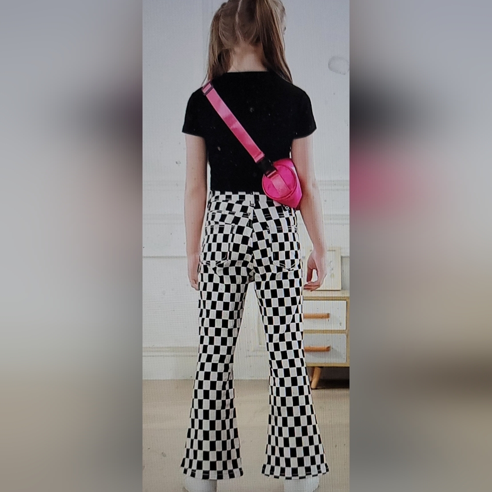 NwT. GIRLS stretch 70s bell bottom flare pants checkered size 10 - Picture 2 of 12